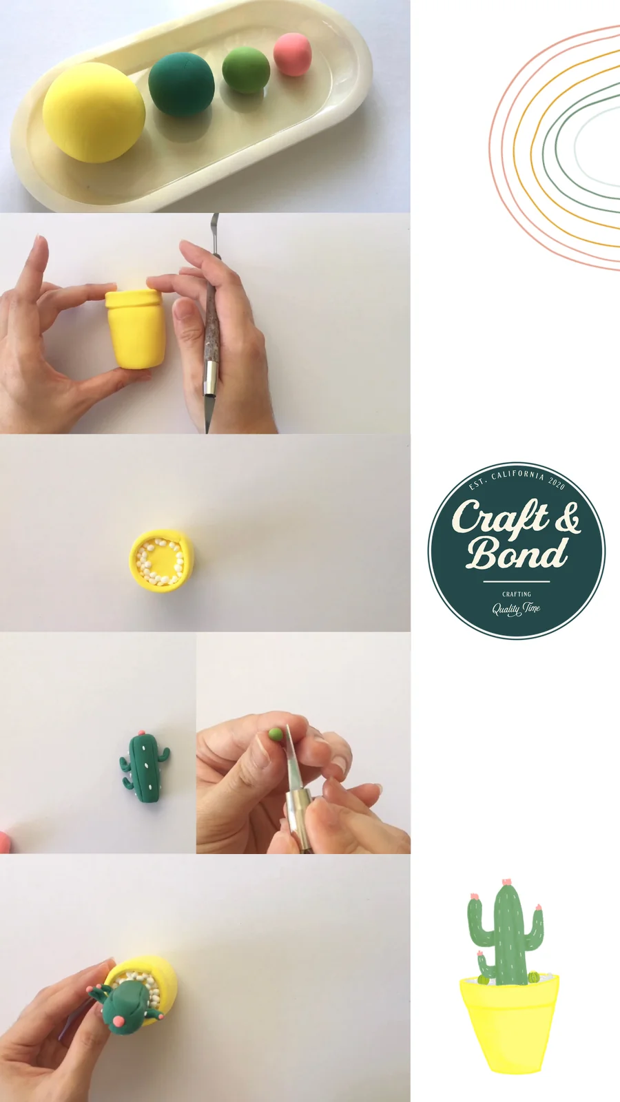 Visual step-by-step card for a clay cactus: shaping the yellow pot, filling it with clay pebbles, detailing the green cactus, adding white dots and pink flowers, and potting the finished cactus.