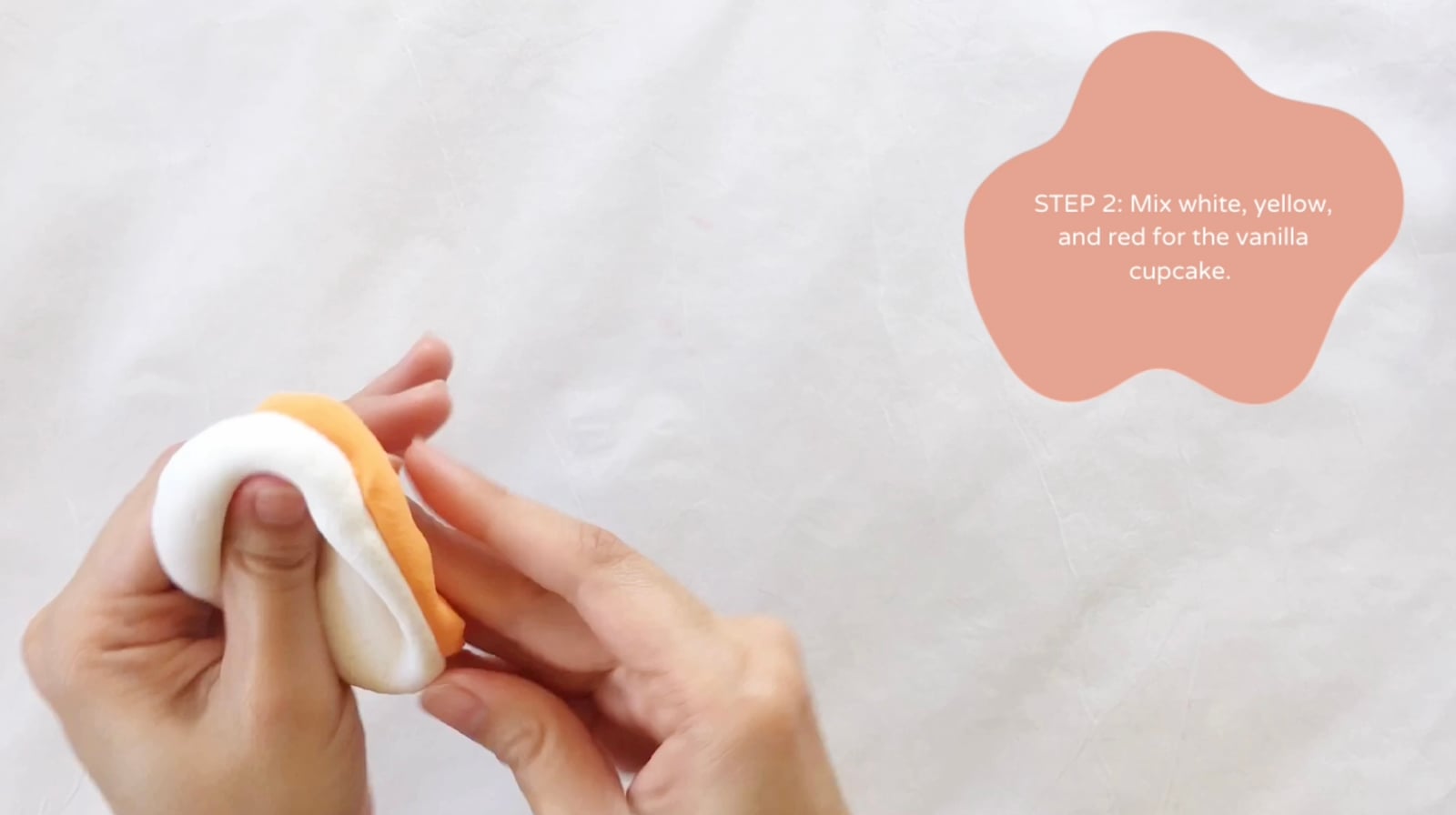 Step 2 of the DIY clay cupcakes tutorial: Mix white, yellow, and red for the vanilla cupcake.