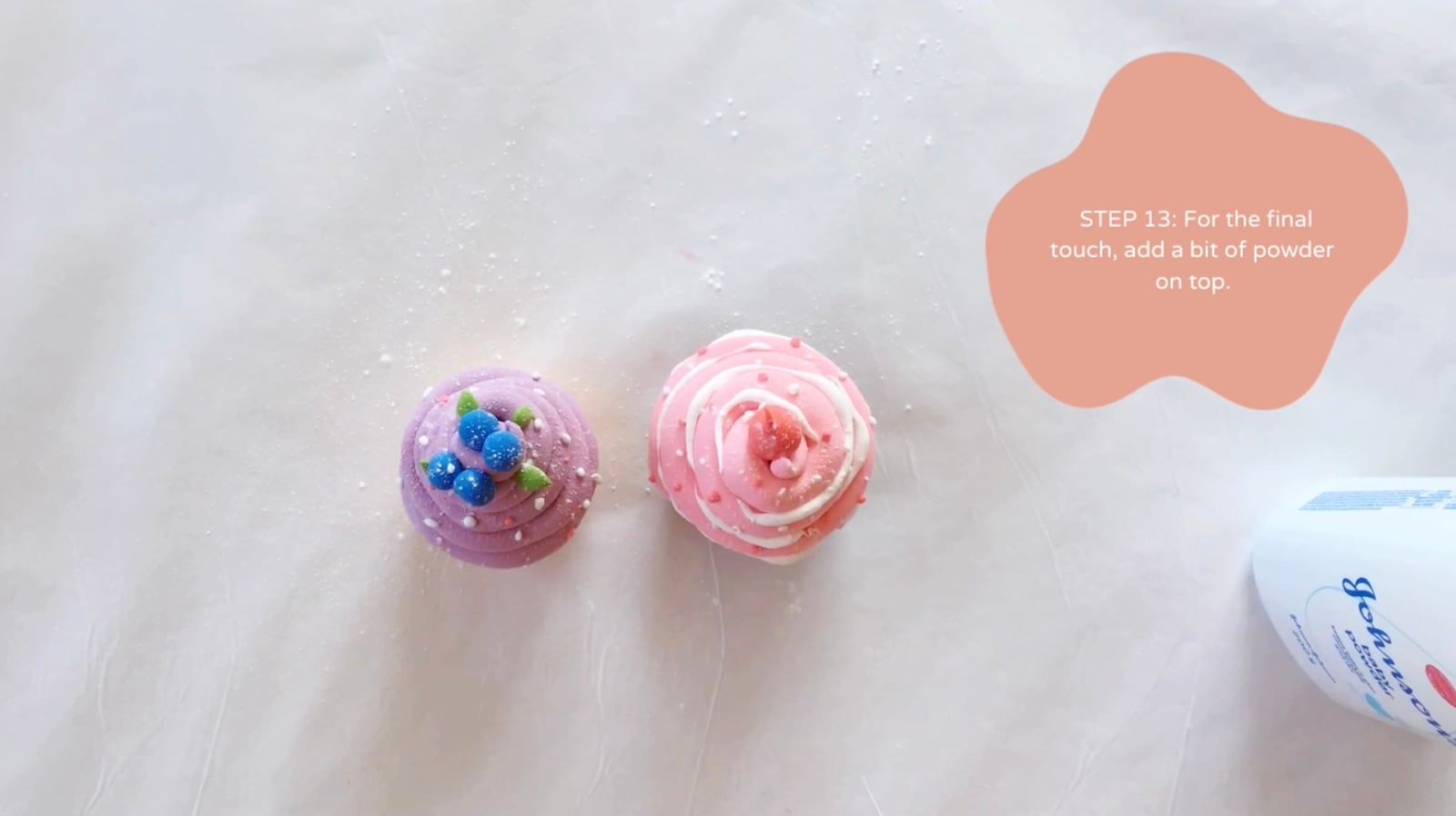 Step 13 of the DIY clay cupcakes tutorial: For the final touch, add a bit of powder on top.