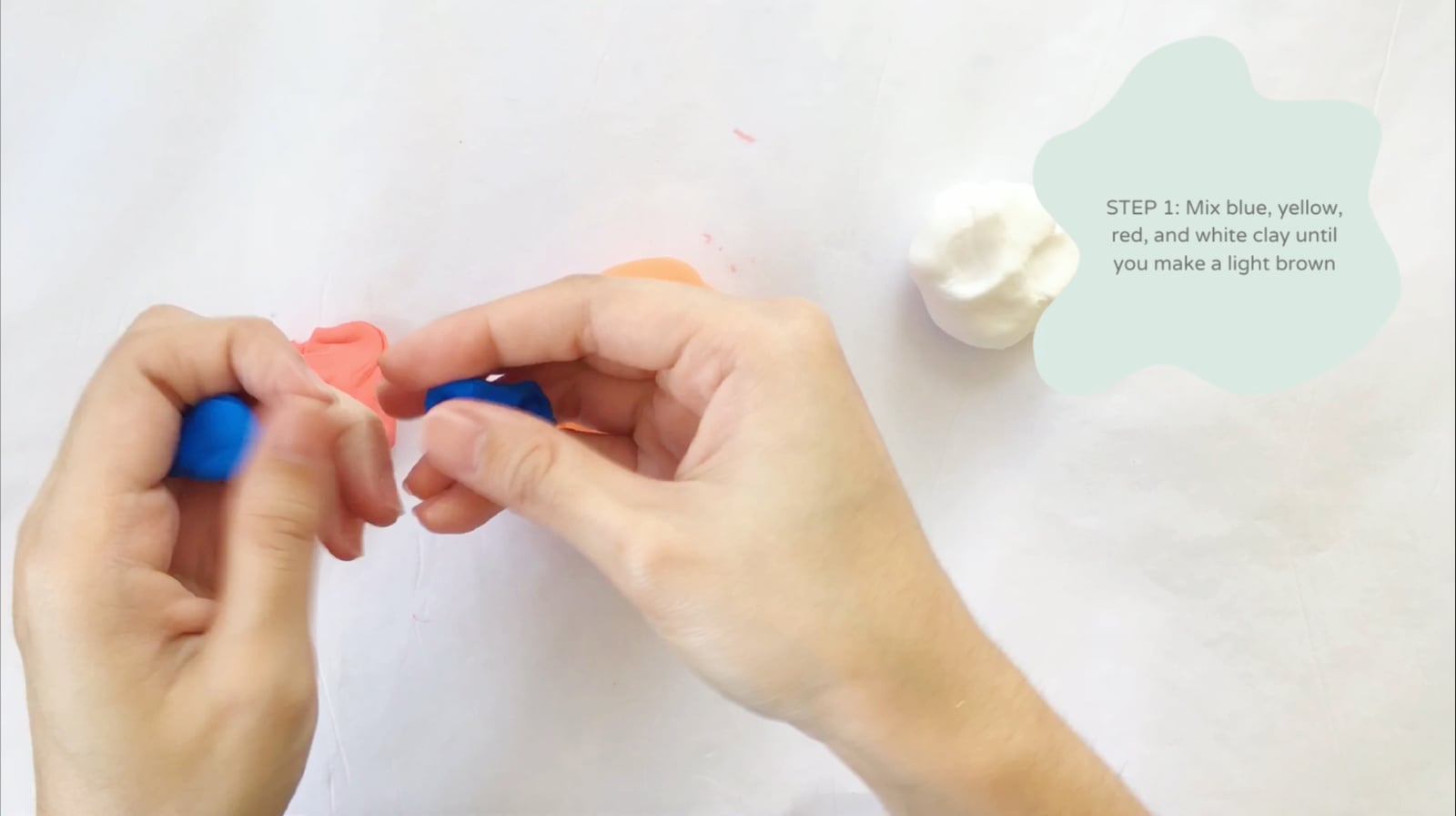 Step 1 of the DIY clay donuts tutorial: Mix blue, yellow, red, and white clay until you make a light brown for the dough.