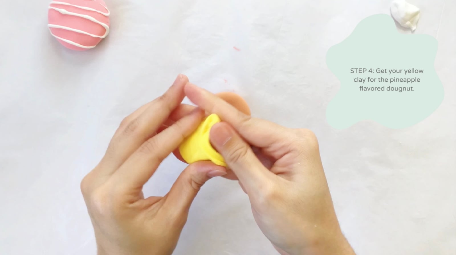 Step 4 of the DIY clay donuts tutorial: Get your yellow clay for the pineapple flavored doughnut.