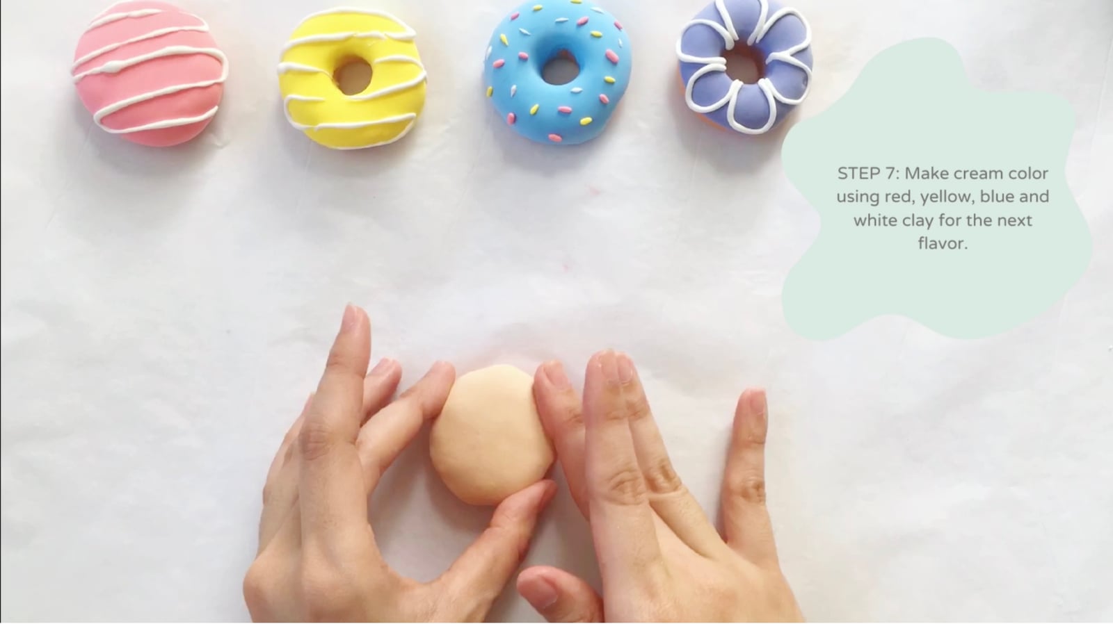 Step 7 of the DIY clay donuts tutorial: Make a cream color using red, yellow, blue, and white clay.