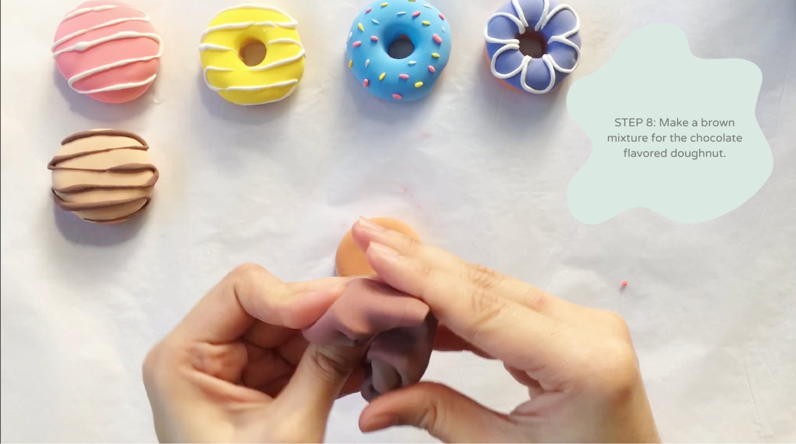 Step 8 of the DIY clay donuts tutorial: Make a brown mixture for the chocolate flavored doughnut.