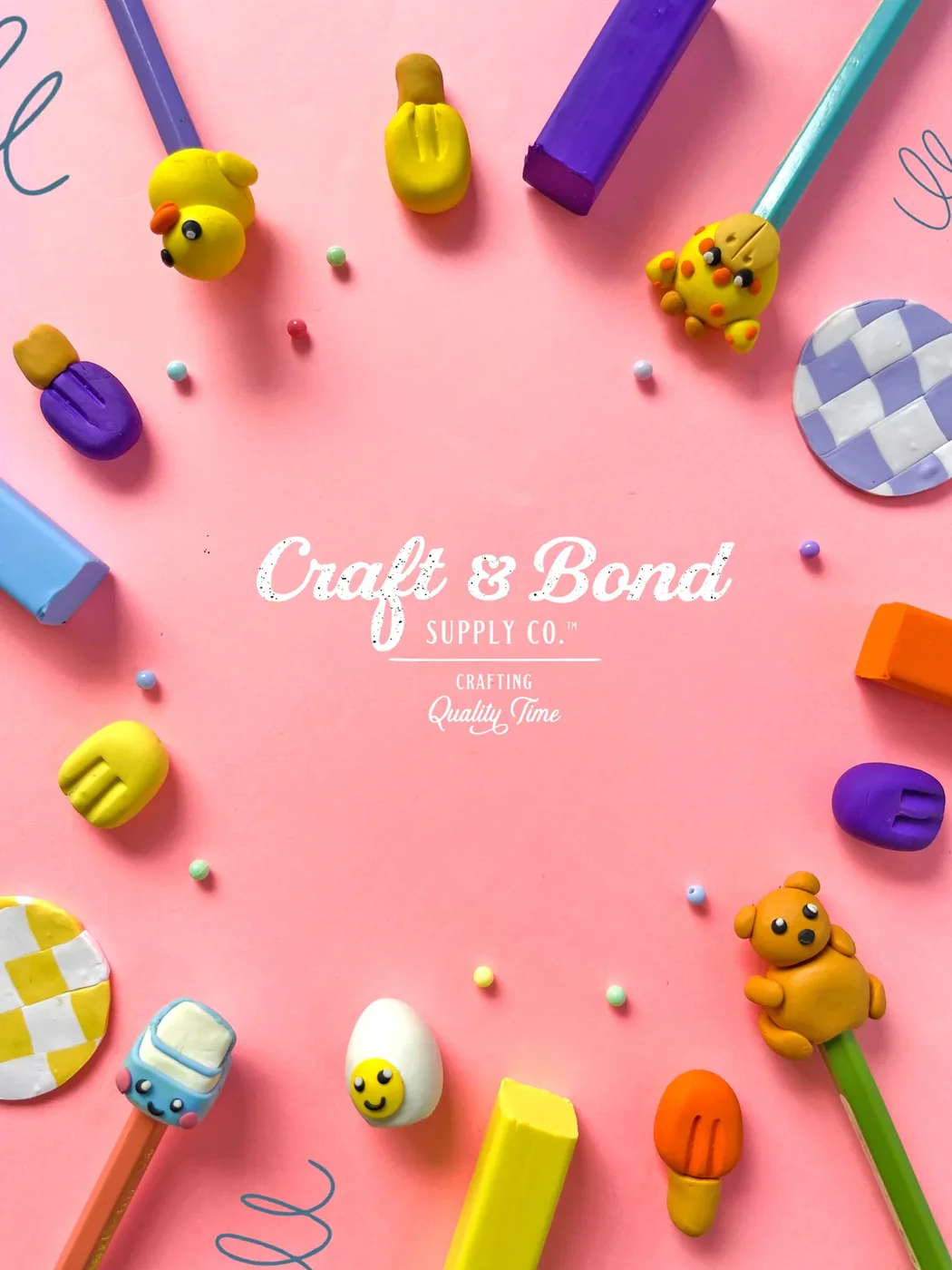 Handmade clay erasers spread around the Craft & Bond wordmark: a duck, popsicles, a smiling egg, a milk carton, and eraser clay blocks