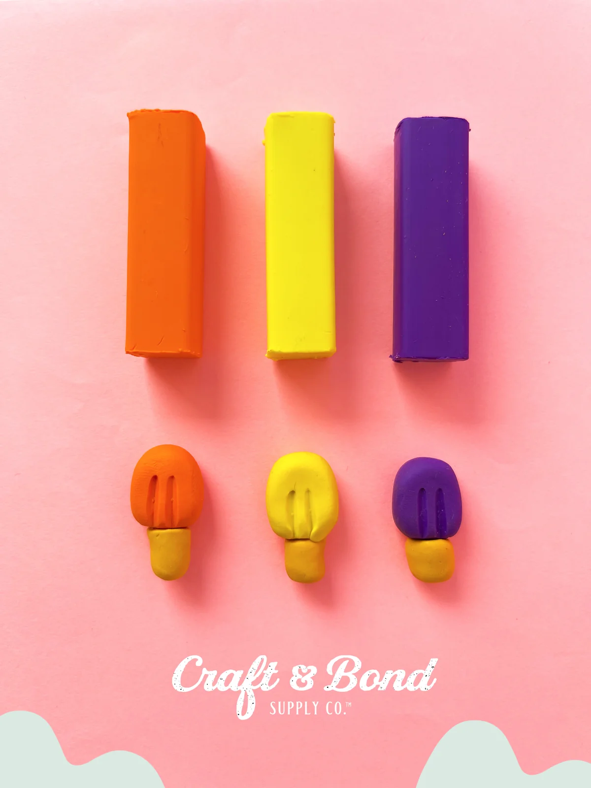 The three finished popsicle erasers beside the eraser clay blocks they came from
