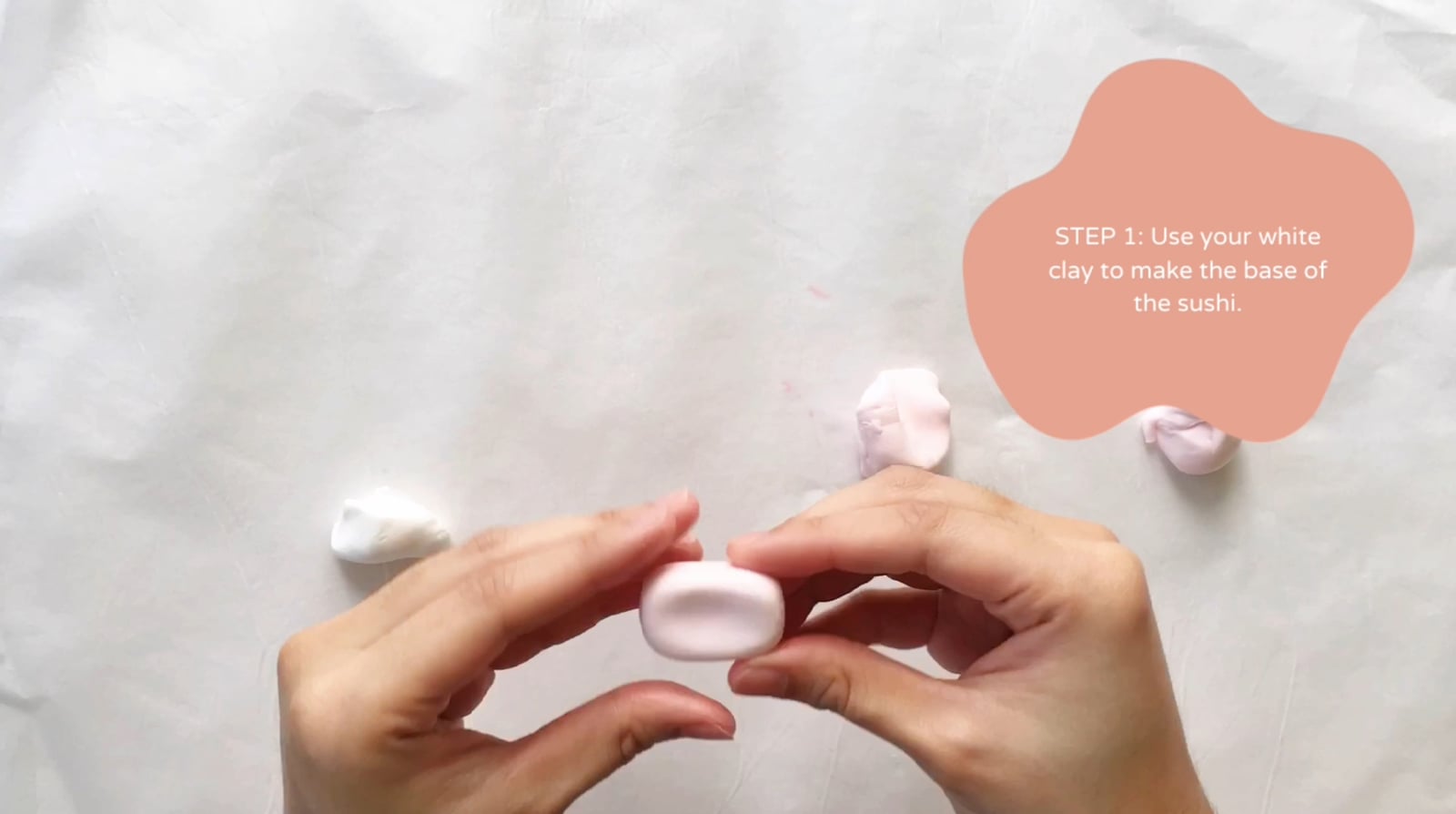 Step 1 of the DIY clay sushi tutorial: Use your white clay to make the base of the sushi.