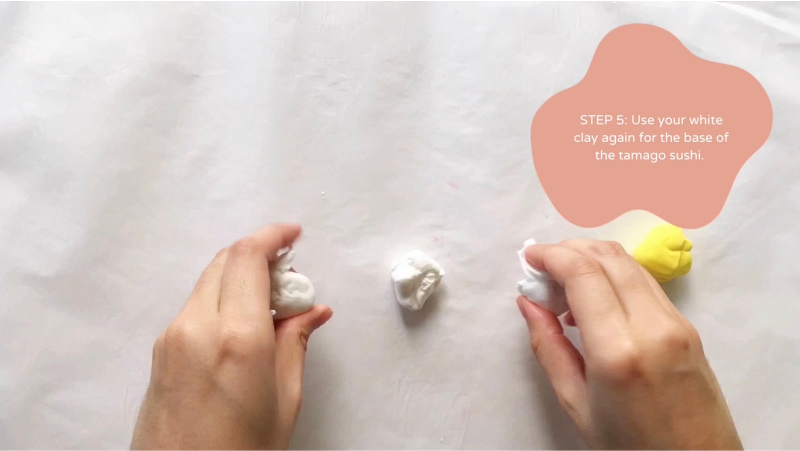Step 5 of the DIY clay sushi tutorial: Use your white clay again for the base of the tamago sushi.