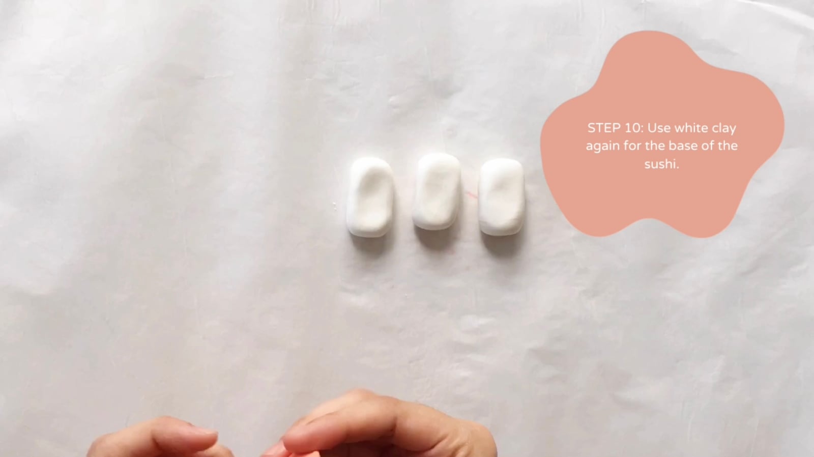 Step 10 of the DIY clay sushi tutorial: Use white clay again for the base of the sushi.
