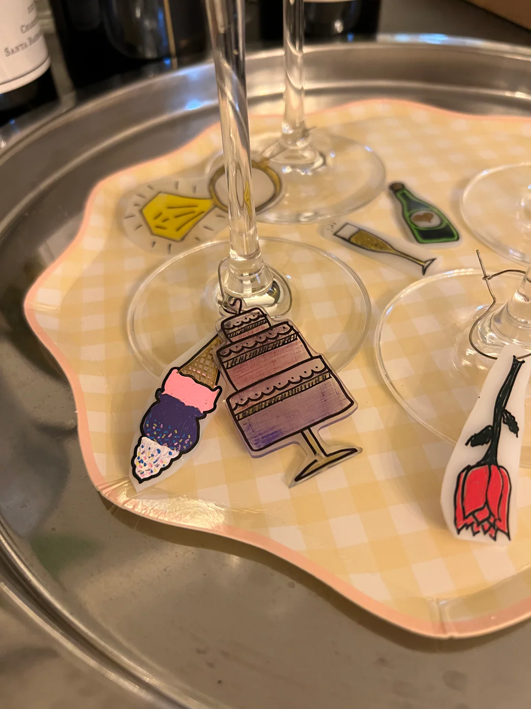 The finished personalized wine glass markers